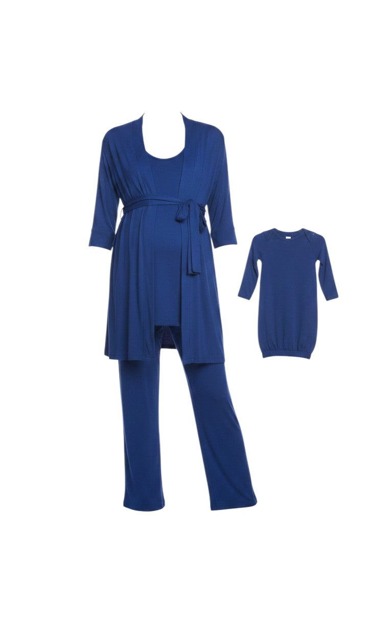 Mom & Me Boutique 5-piece denim blue maternity nursing set with matching newborn gown and hat in soft rayon spandex.