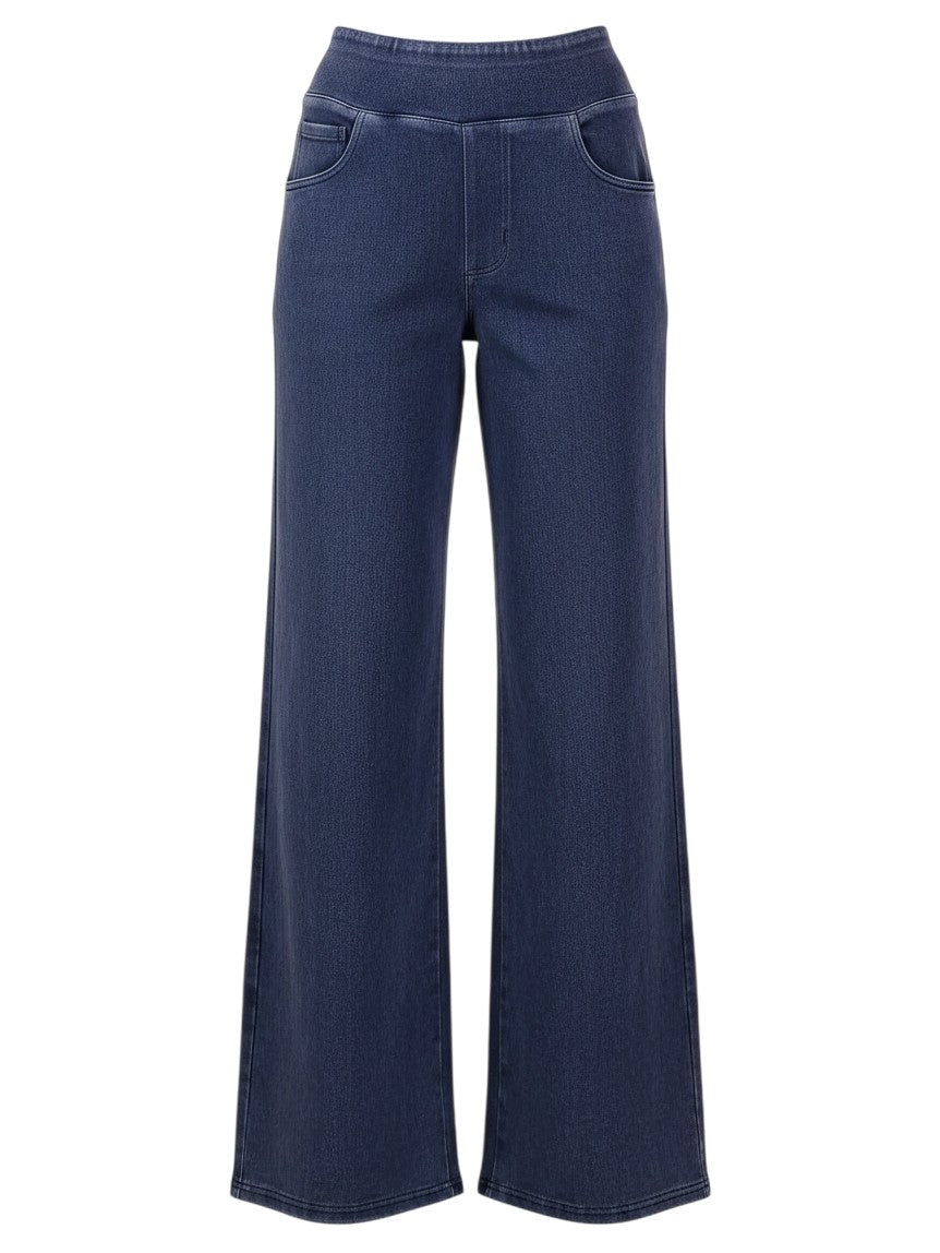 Mom & Me Boutique Drew wide leg pants in stretch washed denim with an elastic waistband and pockets.