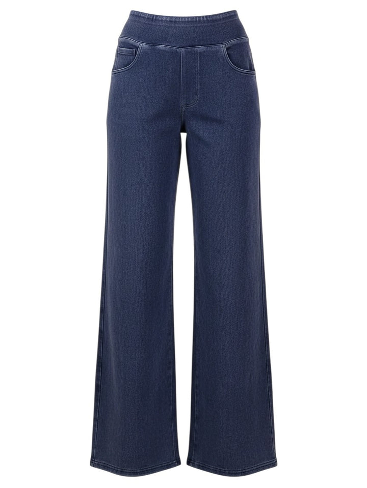 Mom & Me Boutique Drew wide leg pants in stretch washed denim with an elastic waistband and pockets.