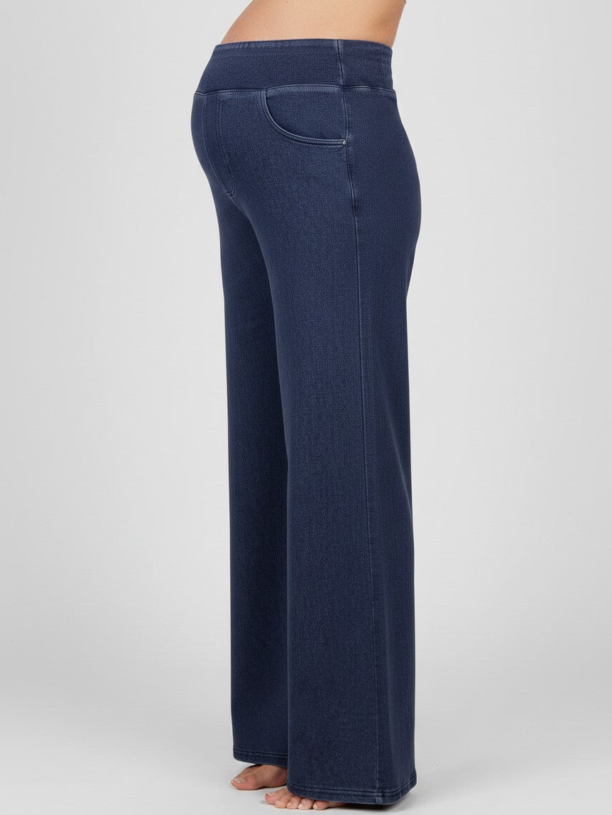 Mom & Me Boutique Drew wide leg stretch denim pants in dark wash with elastic waistband, side view