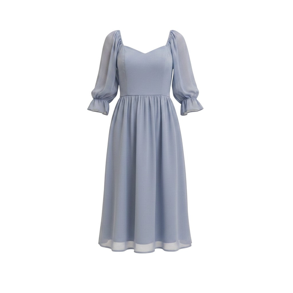 Mom & Me Boutique dusty blue midi dress featuring a sweetheart neckline, sheer chiffon fabric, and puff sleeves.