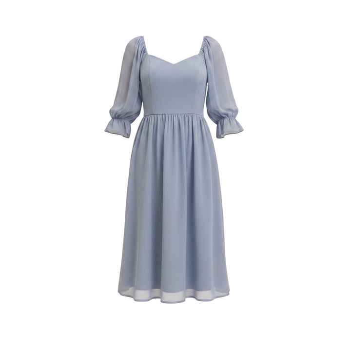 Mom & Me Boutique dusty blue midi dress featuring a sweetheart neckline, sheer chiffon fabric, and puff sleeves.