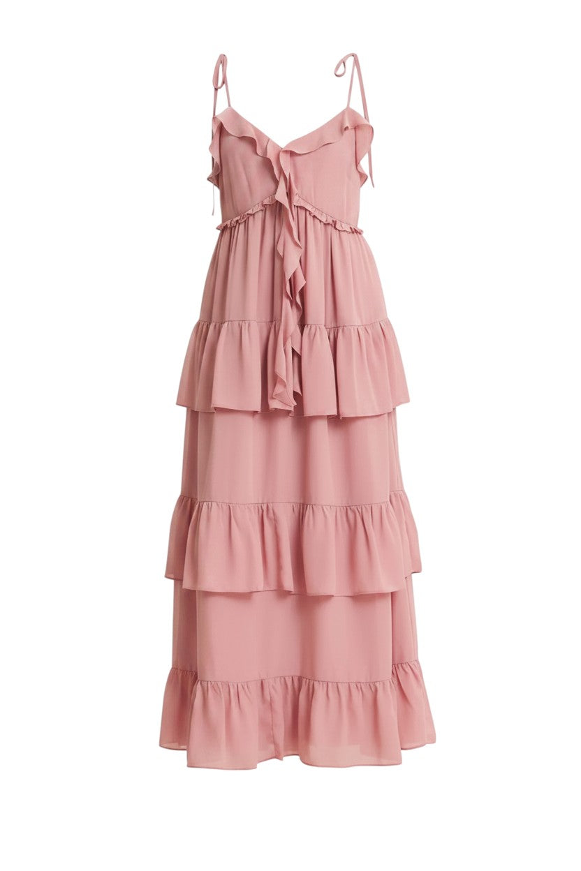 Mom & Me Boutique dusty rose maxi dress with sweetheart neckline, shoulder ribbon ties, and tiered ruffle details.