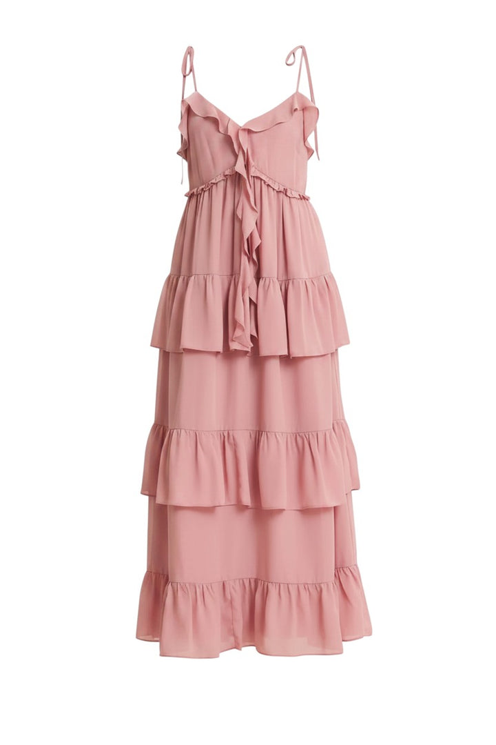 Mom & Me Boutique dusty rose maxi dress with sweetheart neckline, shoulder ribbon ties, and tiered ruffle details.