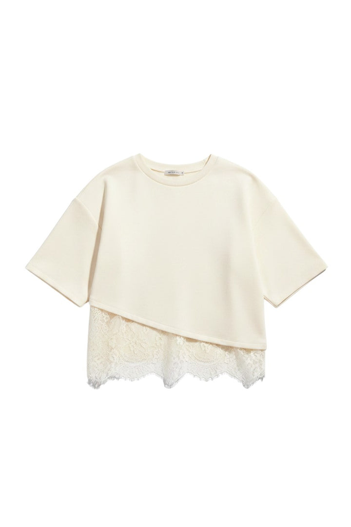 Mom & Me Boutique ecru short sleeve knit top with a scalloped lace hem detail in a lightweight rayon blend fabric.