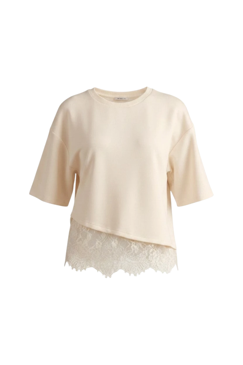 Mom & Me Boutique ecru short sleeve knit top with a scalloped lace hem detail and a relaxed fit.