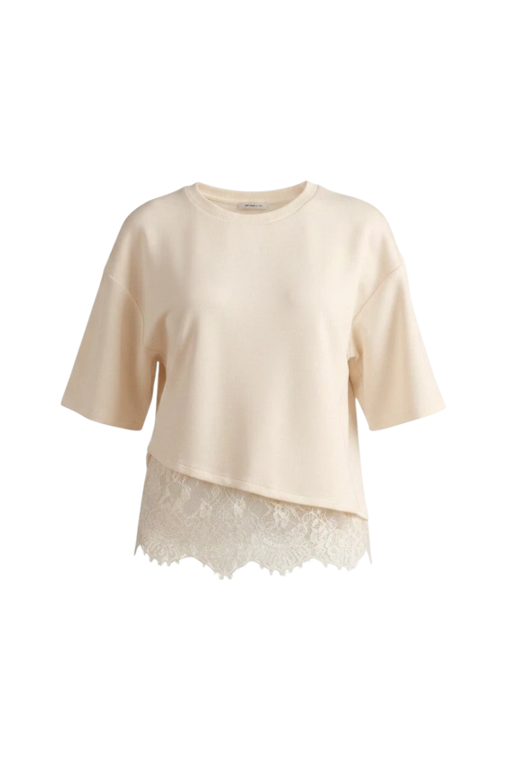 Mom & Me Boutique ecru short sleeve knit top with a scalloped lace hem detail and a relaxed fit.