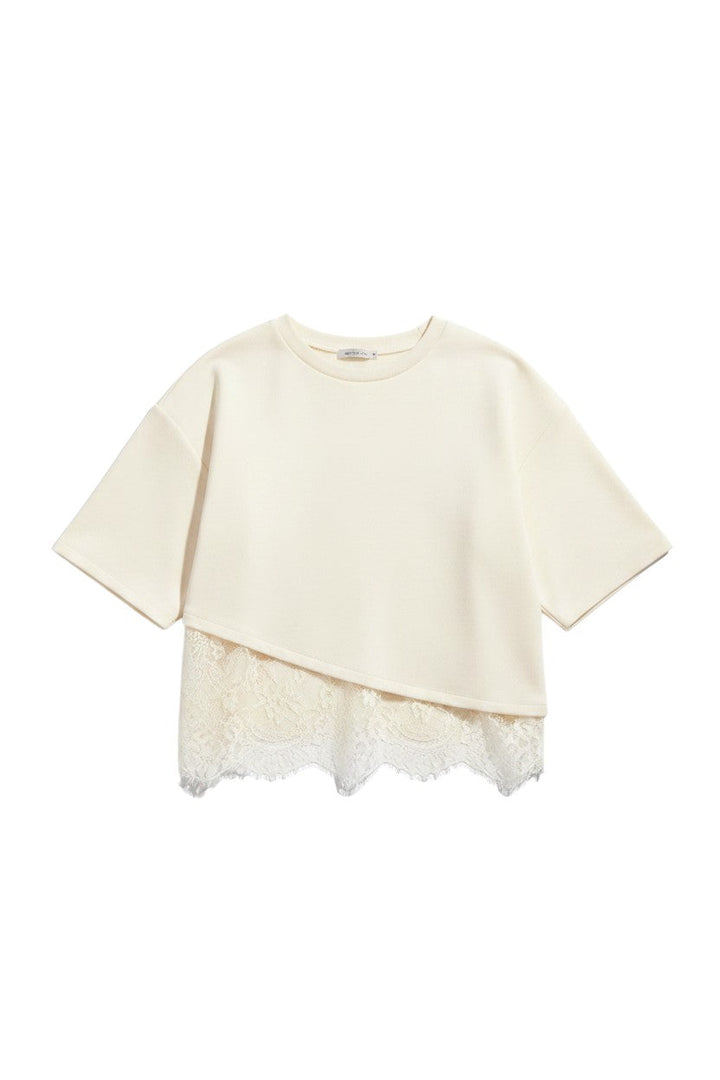Mom & Me Boutique ecru short sleeve knit top with a scalloped lace hem detail in a lightweight rayon blend fabric.