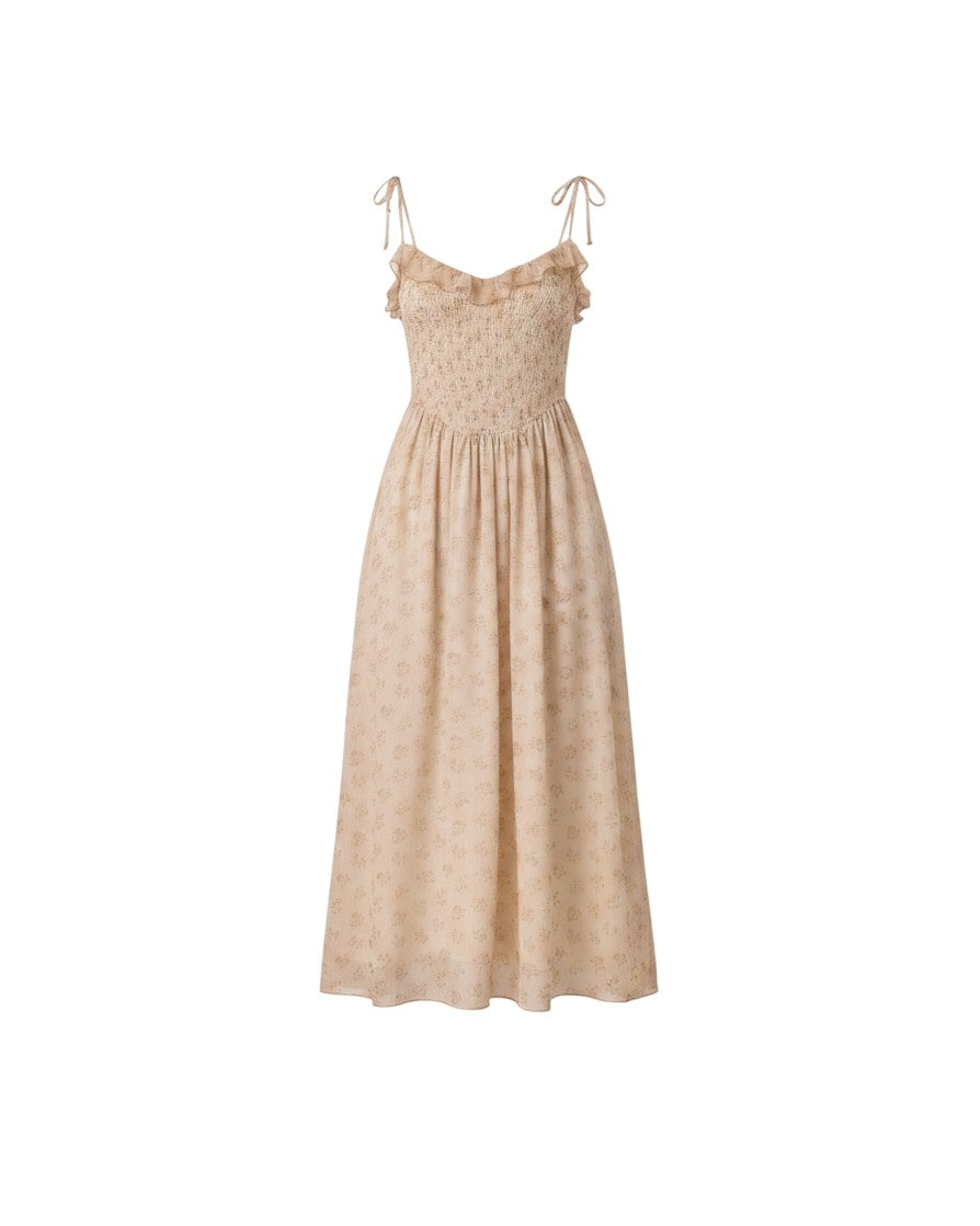 Mom & Me Boutique Eiliana midi dress in natural hue with posy floral print, smocked bodice, and ruffle neckline.