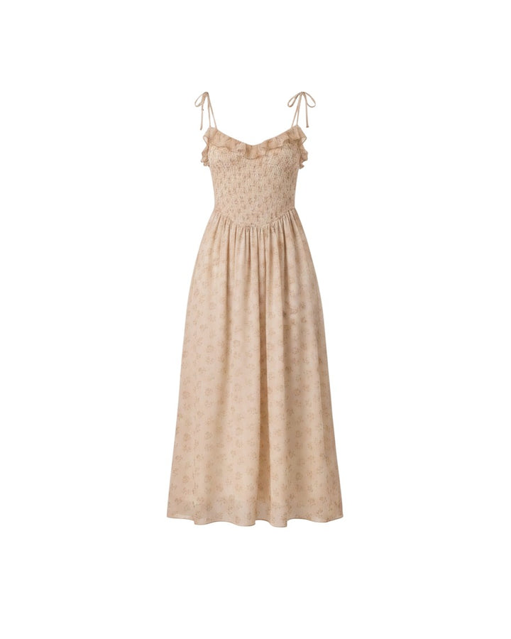 Mom & Me Boutique Eiliana midi dress in natural hue with posy floral print, smocked bodice, and ruffle neckline.