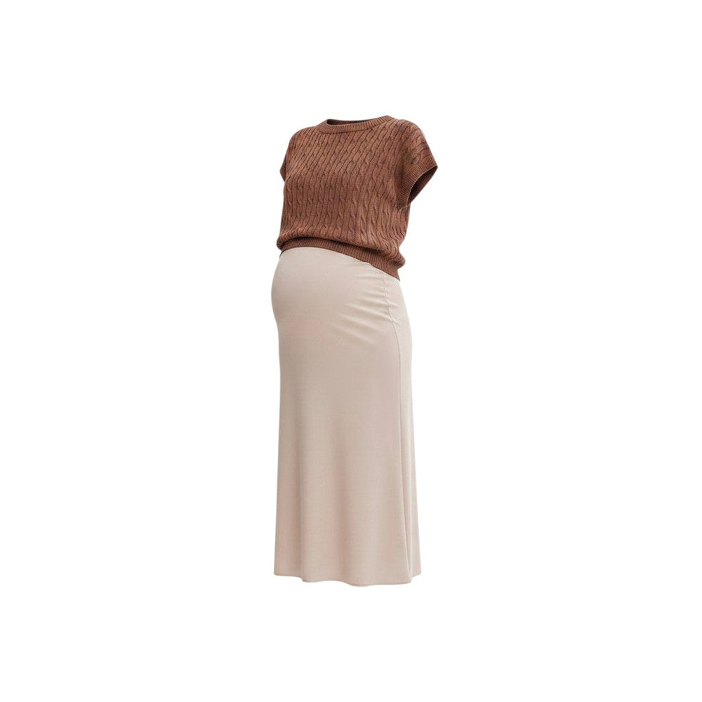 Mom & Me Boutique Elani twofer maternity set featuring a mocha cable knit sweater vest and champagne satin midi dress