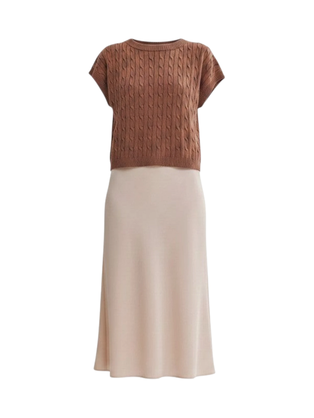 Mom & Me Boutique Elani twofer set featuring a mocha cable knit sweater vest over a champagne satin midi slip dress.
