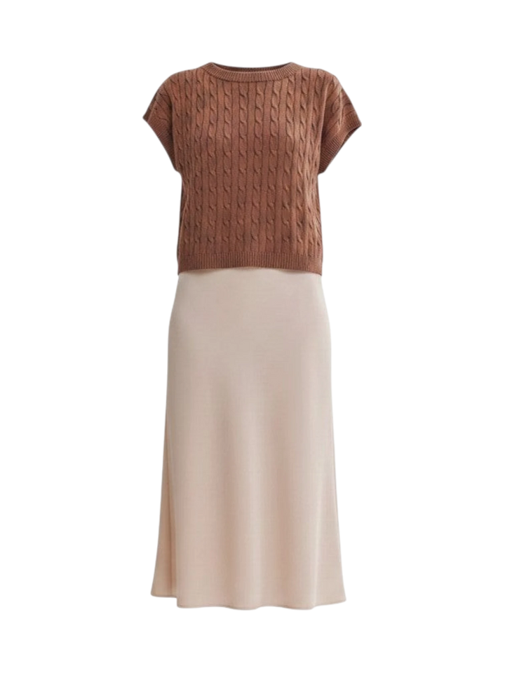 Mom & Me Boutique Elani twofer set featuring a mocha cable knit sweater vest over a champagne satin midi slip dress.