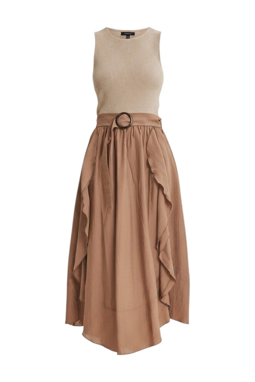 Mom & Me Boutique Eliana midi dress in coconut brown featuring a ribbed knit tank top, woven skirt, and waist belt.