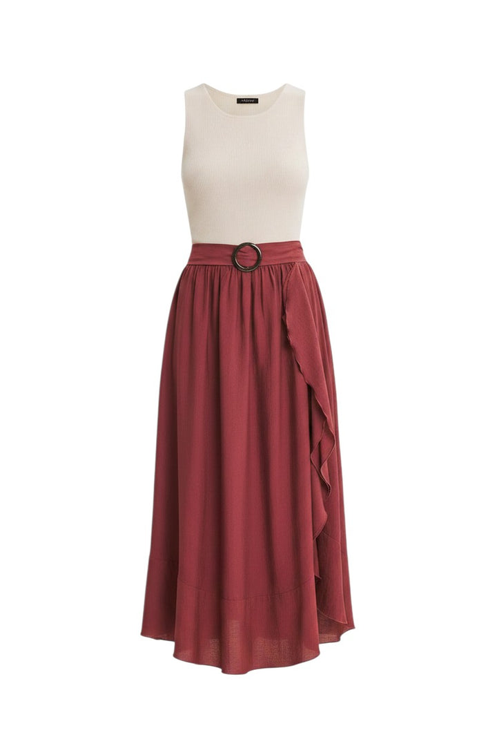 Mom & Me Boutique Eliana midi dress with ivory ribbed knit tank top and mahogany woven skirt with cascading ruffles.