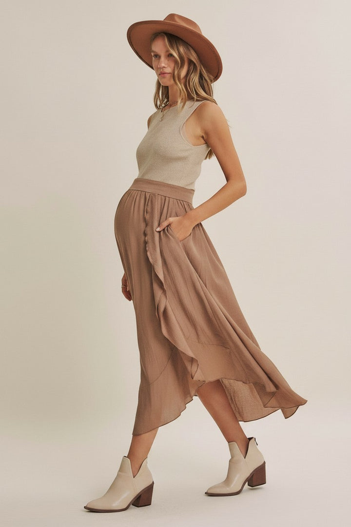 Mom & Me Boutique Eliana midi dress in coconut brown with ribbed tank top, flowy skirt, ruffles, and hi-low hem.