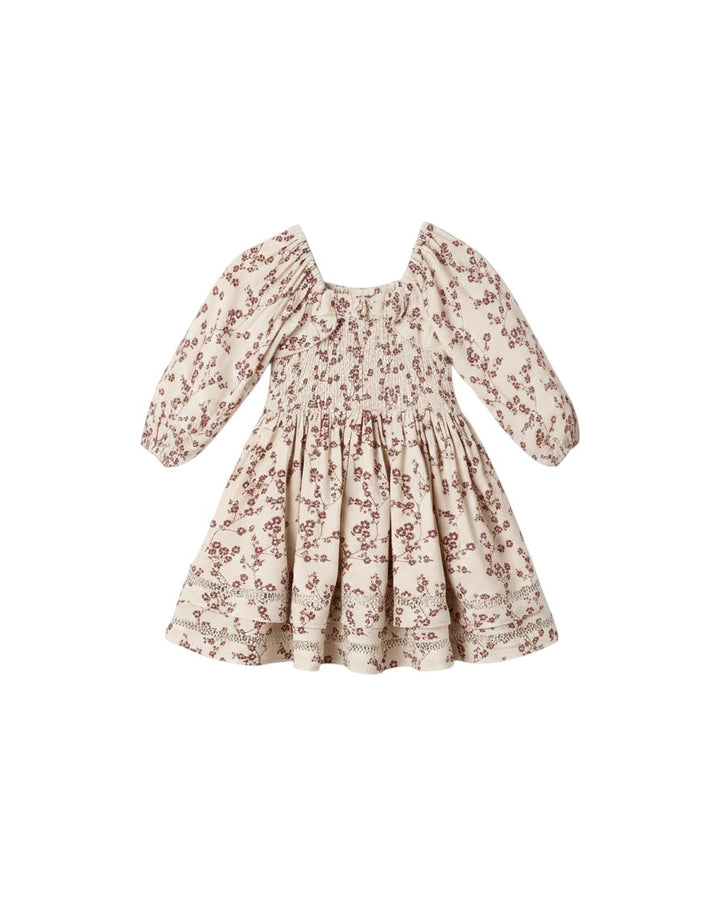 Mom & Me Boutique Elodie dress in raspberry floral toile with smocked bodice, balloon sleeves, and lace trim skirt.