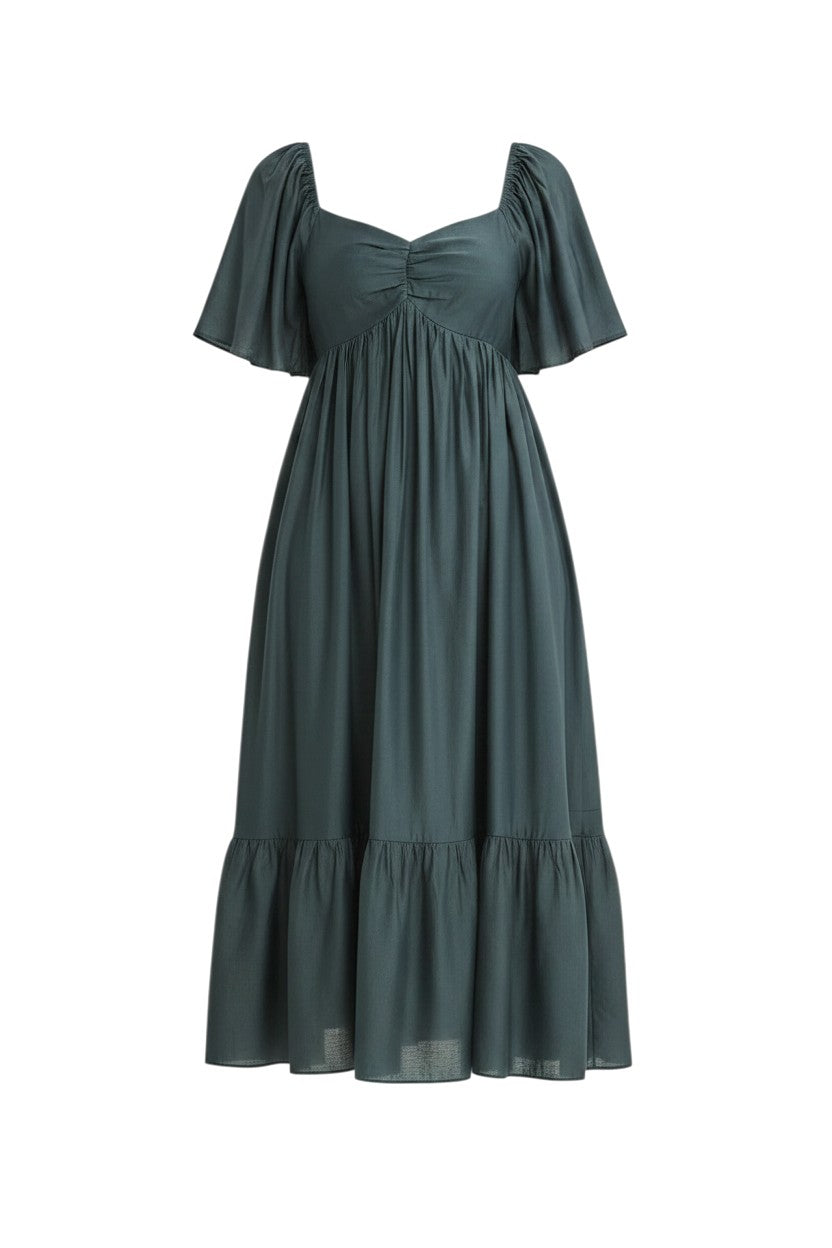 Mom & Me Boutique emerald green midi dress with sweetheart neckline, flutter sleeves, and smocked back detail.