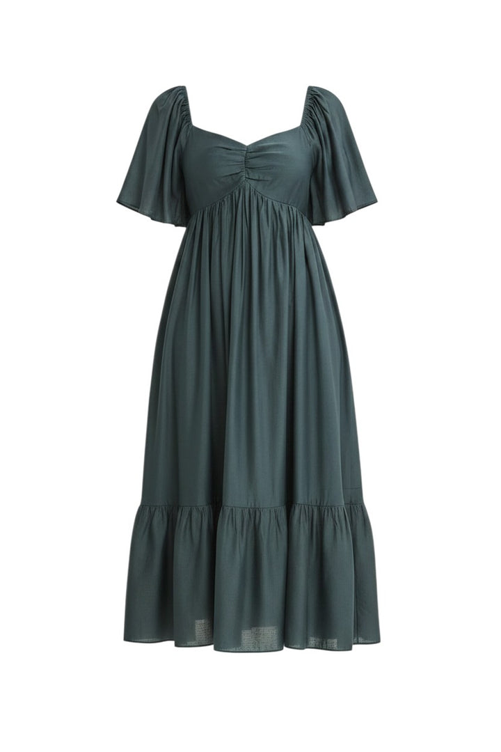 Mom & Me Boutique emerald green midi dress with sweetheart neckline, flutter sleeves, and smocked back detail.