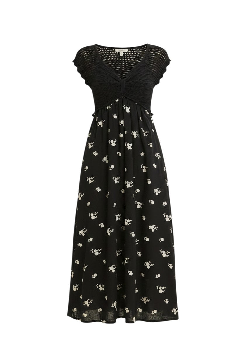 Mom & Me Boutique Emery black midi dress featuring a crochet sweater top and a floral embroidered cotton skirt.
