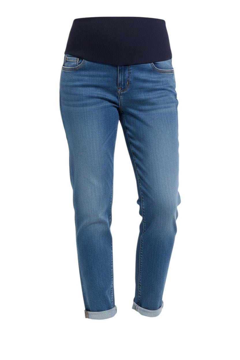 Mom & Me Boutique Erin maternity boyfriend jeans in medium wash denim with a stretchy black belly panel and roll cuffs