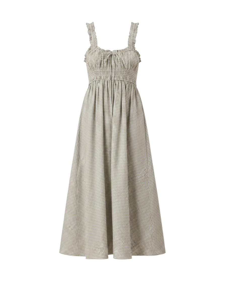 Mom & Me Boutique Jane midi dress in eucalyptus check cotton with ruffled straps and a smocked waist.