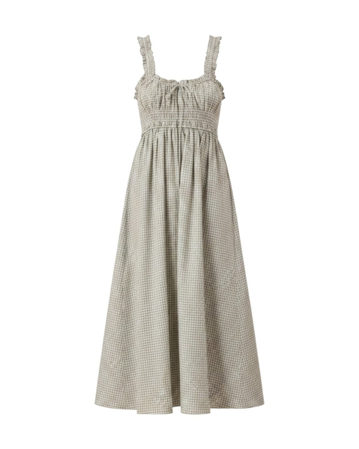 Mom & Me Boutique Jane midi dress in eucalyptus check cotton with ruffled straps and a smocked waist.