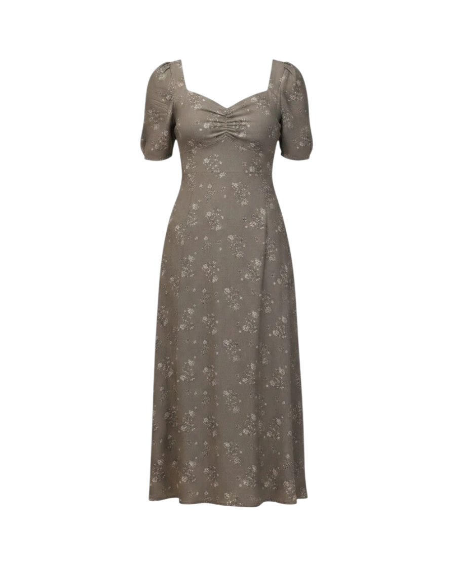 Mom & Me Boutique Violet dress in eucalyptus green with a delicate white floral print, featuring a gathered bodice.