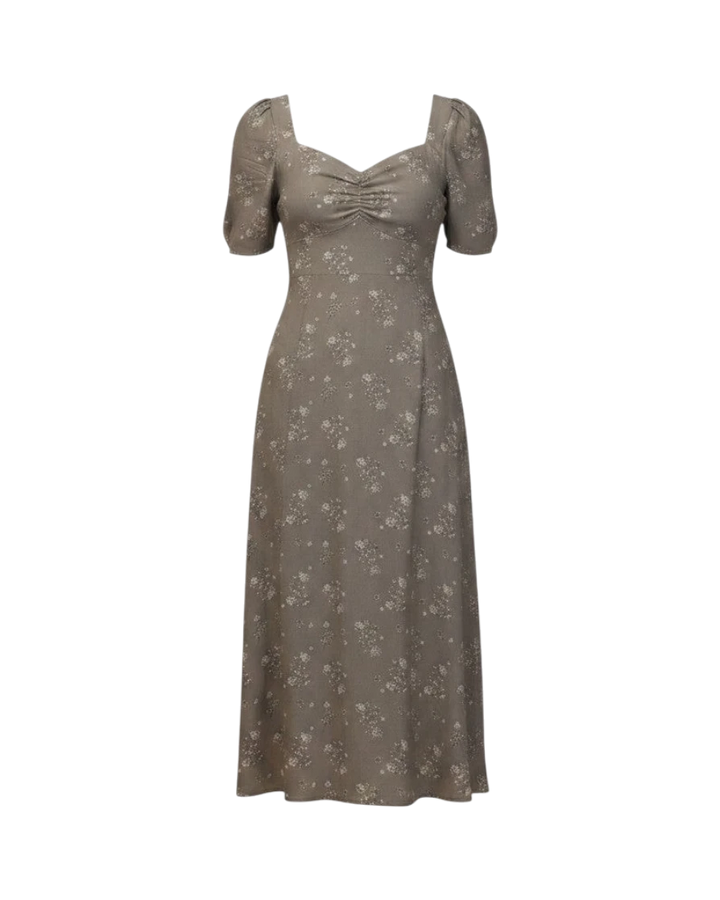 Mom & Me Boutique Violet dress in eucalyptus green with a delicate white floral print, featuring a gathered bodice.