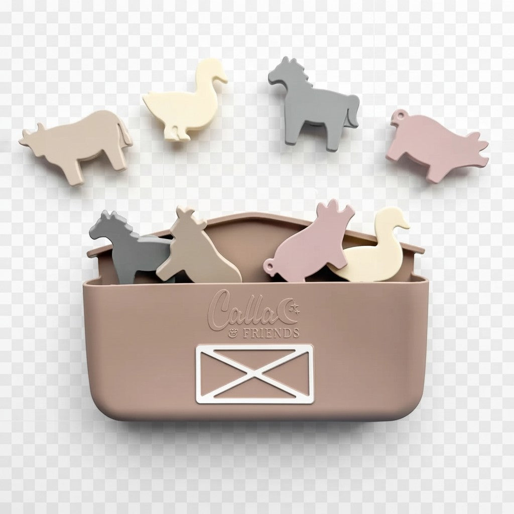 Mom & Me Boutique farm suction toy set with silicone animal figures and a barn-shaped storage container.