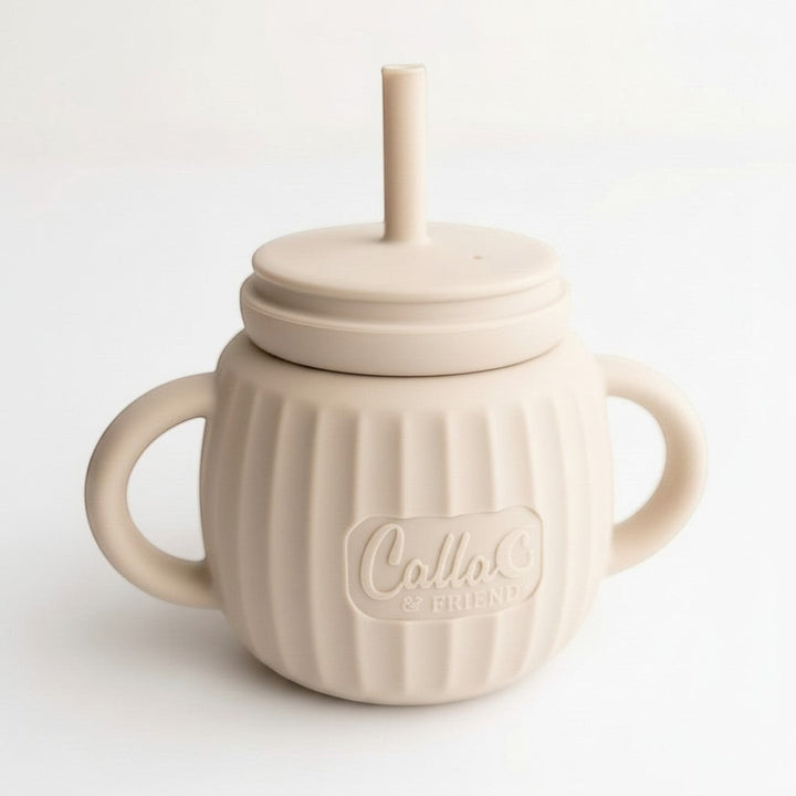 Mom & Me Boutique fawn silicone Brody Cup with straw, handles, and lid for toddlers