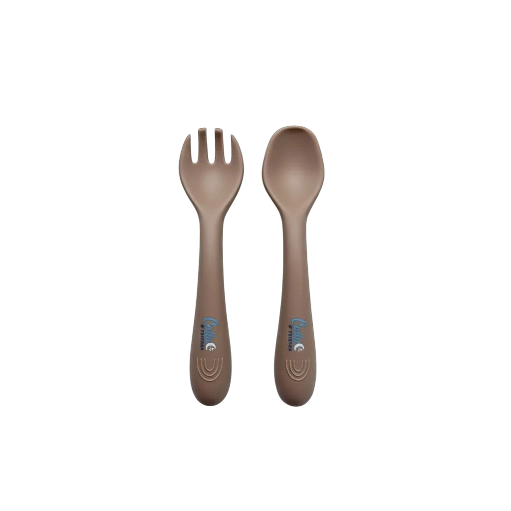 Mom & Me Boutique fawn brown ergonomic silicone toddler fork and spoon set for self-feeding