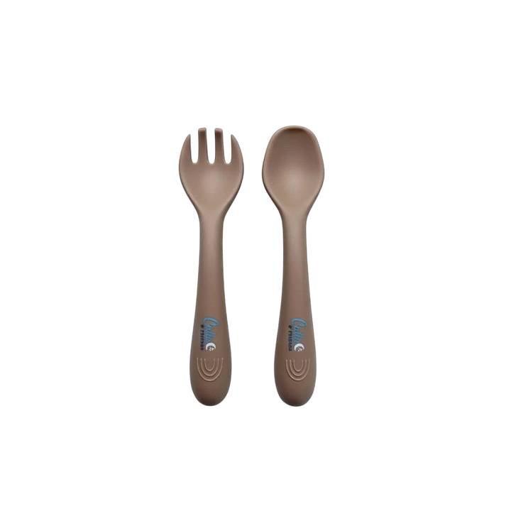 Mom & Me Boutique fawn brown ergonomic silicone toddler fork and spoon set for self-feeding