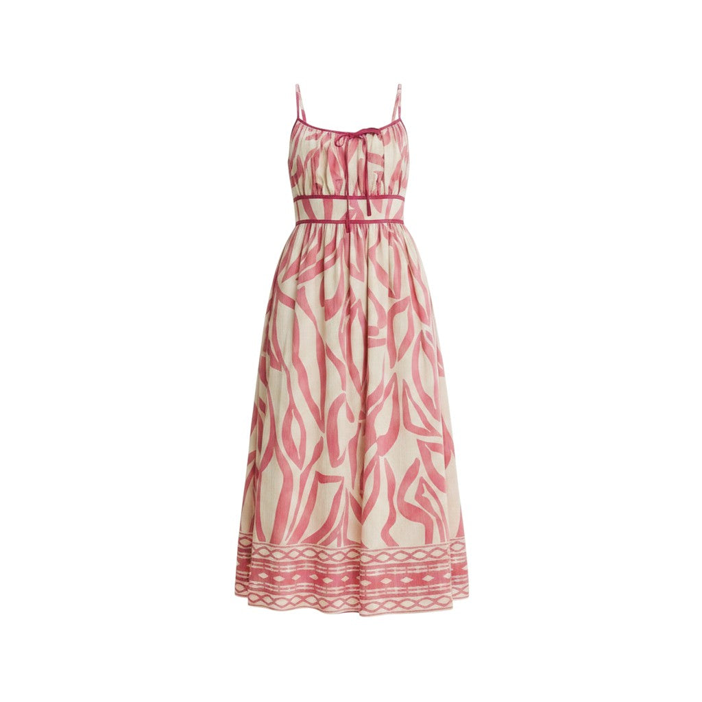Mom & Me Boutique Flamingo midi dress with pink ikat print, empire waist, spaghetti straps, and front bow detail.