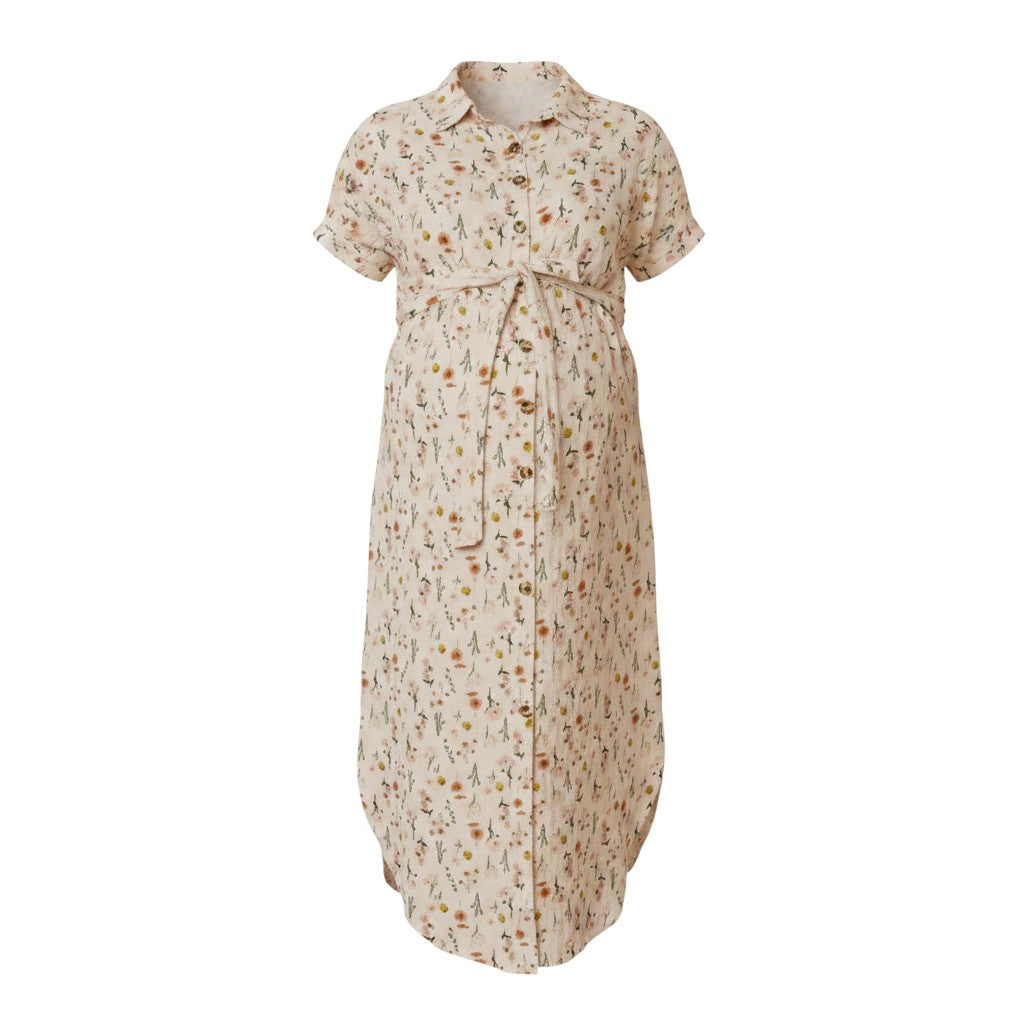Mom & Me Boutique floral cotton muslin maternity dress with button-down front and waist tie in a cream beige tone