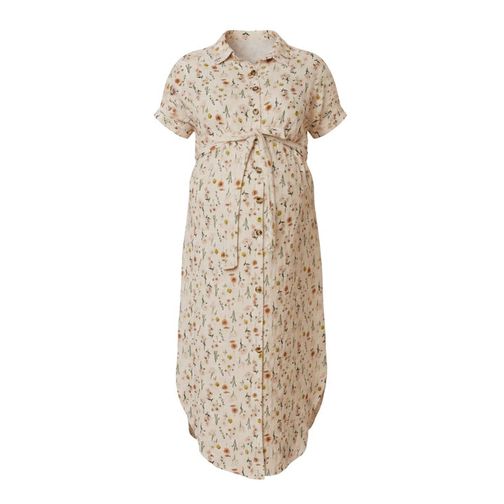 Mom & Me Boutique floral cotton muslin maternity dress with button-down front and waist tie in a cream beige tone