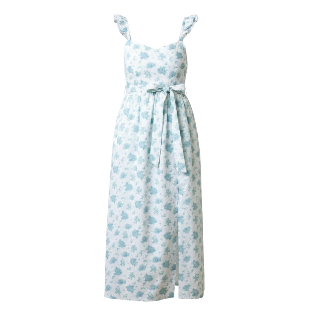 Mom & Me Boutique floral midi dress in white and blue linen-cotton blend with flutter sleeves and waist tie