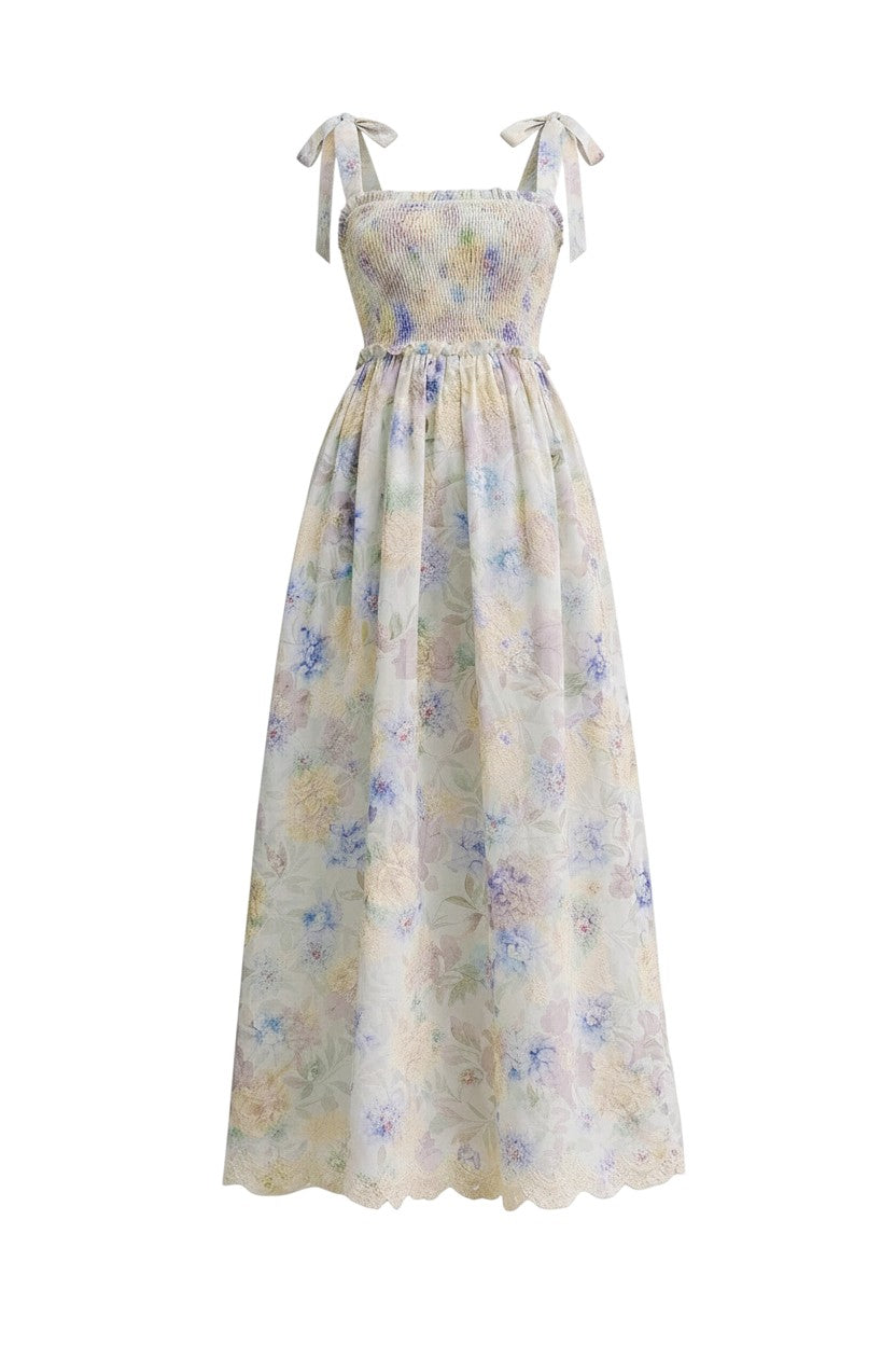 Mom & Me Boutique Felicity floral maxi dress with smocked bodice, tie straps, and scalloped hem in lightweight fabric
