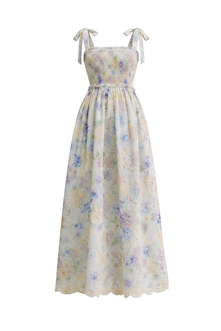 Mom & Me Boutique Felicity floral maxi dress with smocked bodice, tie straps, and scalloped hem in lightweight fabric
