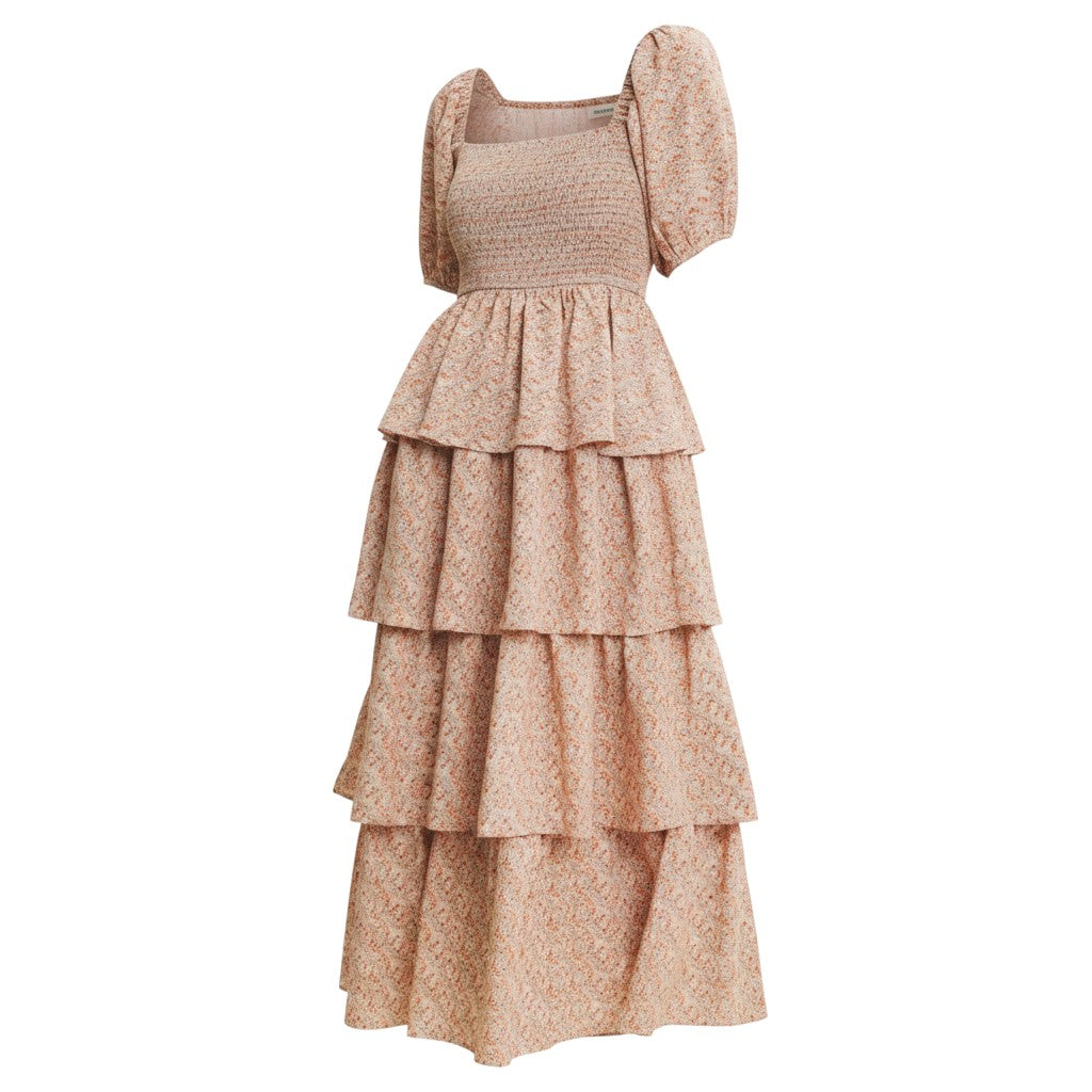 Mom & Me Boutique Tamsin floral maxi dress with square neck, puff sleeves, smocked bodice, and tiered ruffle skirt.