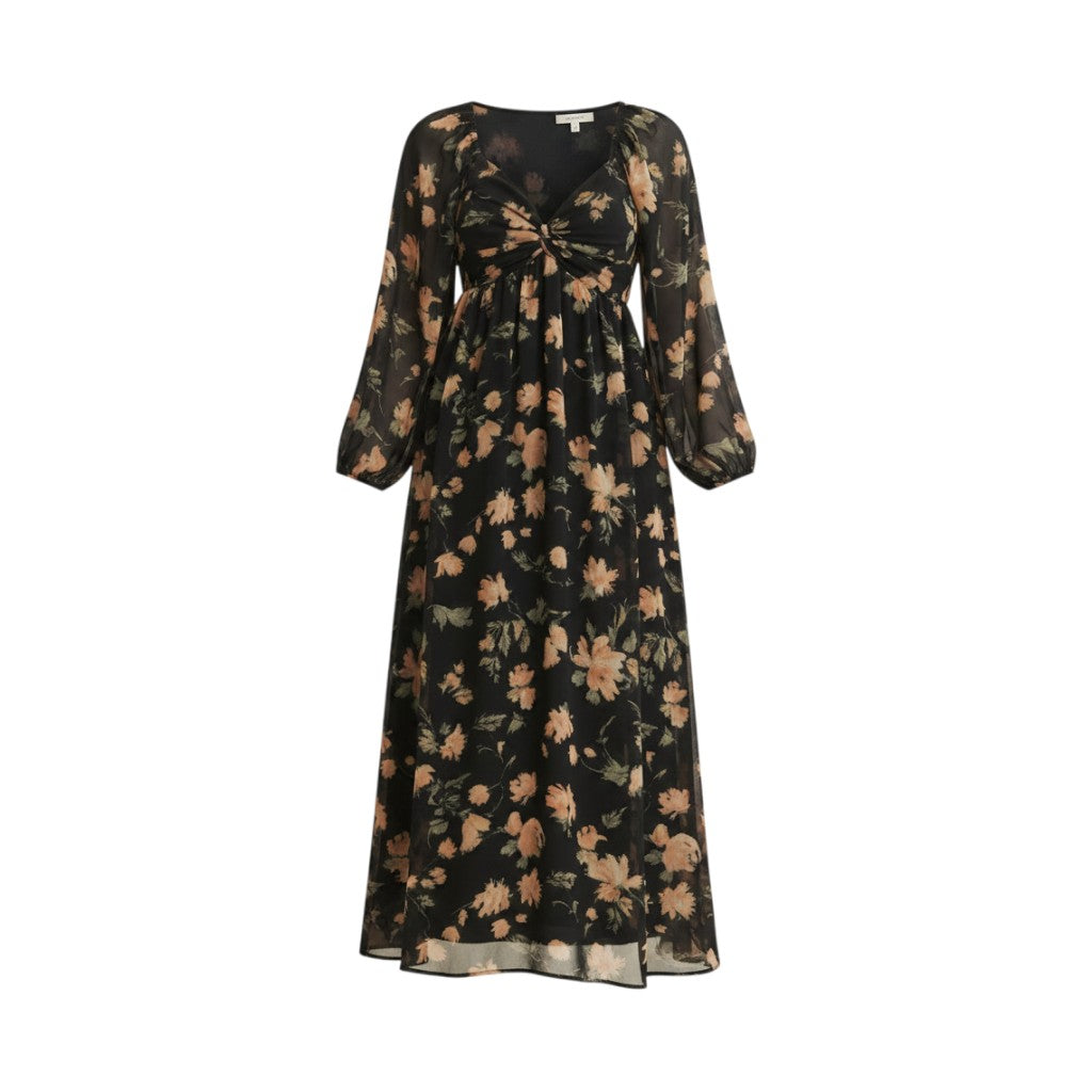 Mom & Me Boutique black floral midi dress in crepe chiffon with long balloon sleeves and a knotted front detail