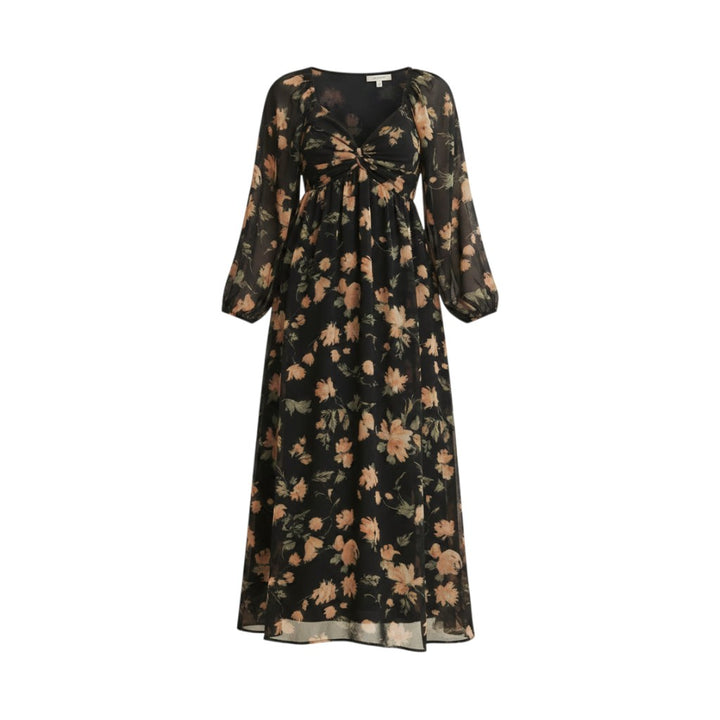 Mom & Me Boutique black floral midi dress in crepe chiffon with long balloon sleeves and a knotted front detail