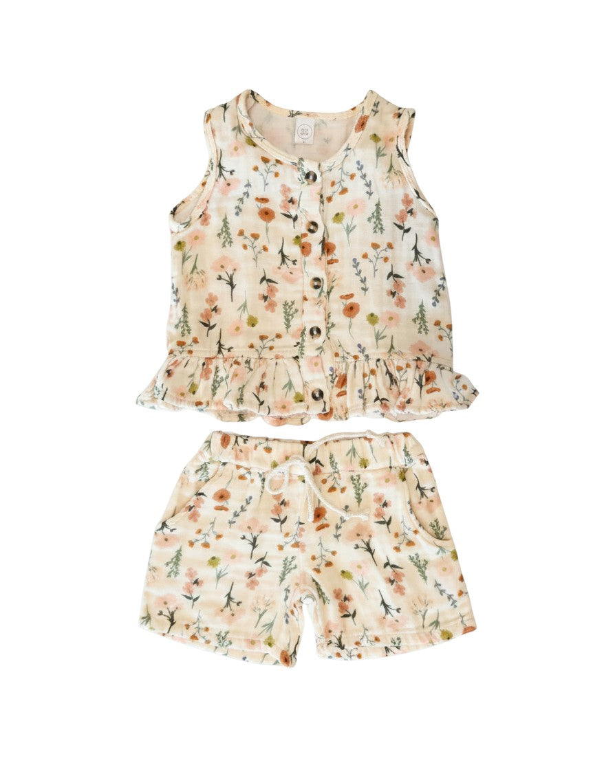 Mom & Me Boutique Cloud Muslin ruffle tank and shorts set in cream with a delicate floral print and front buttons.