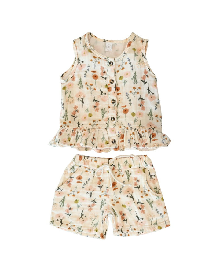 Mom & Me Boutique Cloud Muslin ruffle tank and shorts set in cream with a delicate floral print and front buttons.