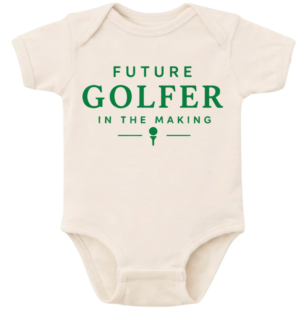 Mom & Me Boutique cream cotton baby onesie with Future Golfer in the Making green vinyl graphic print
