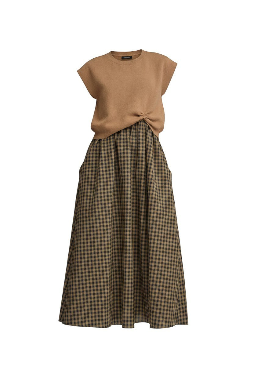 Mom & Me Boutique Gigi midi dress set with a brown cap sleeve pullover and a brown and black gingham skirt.