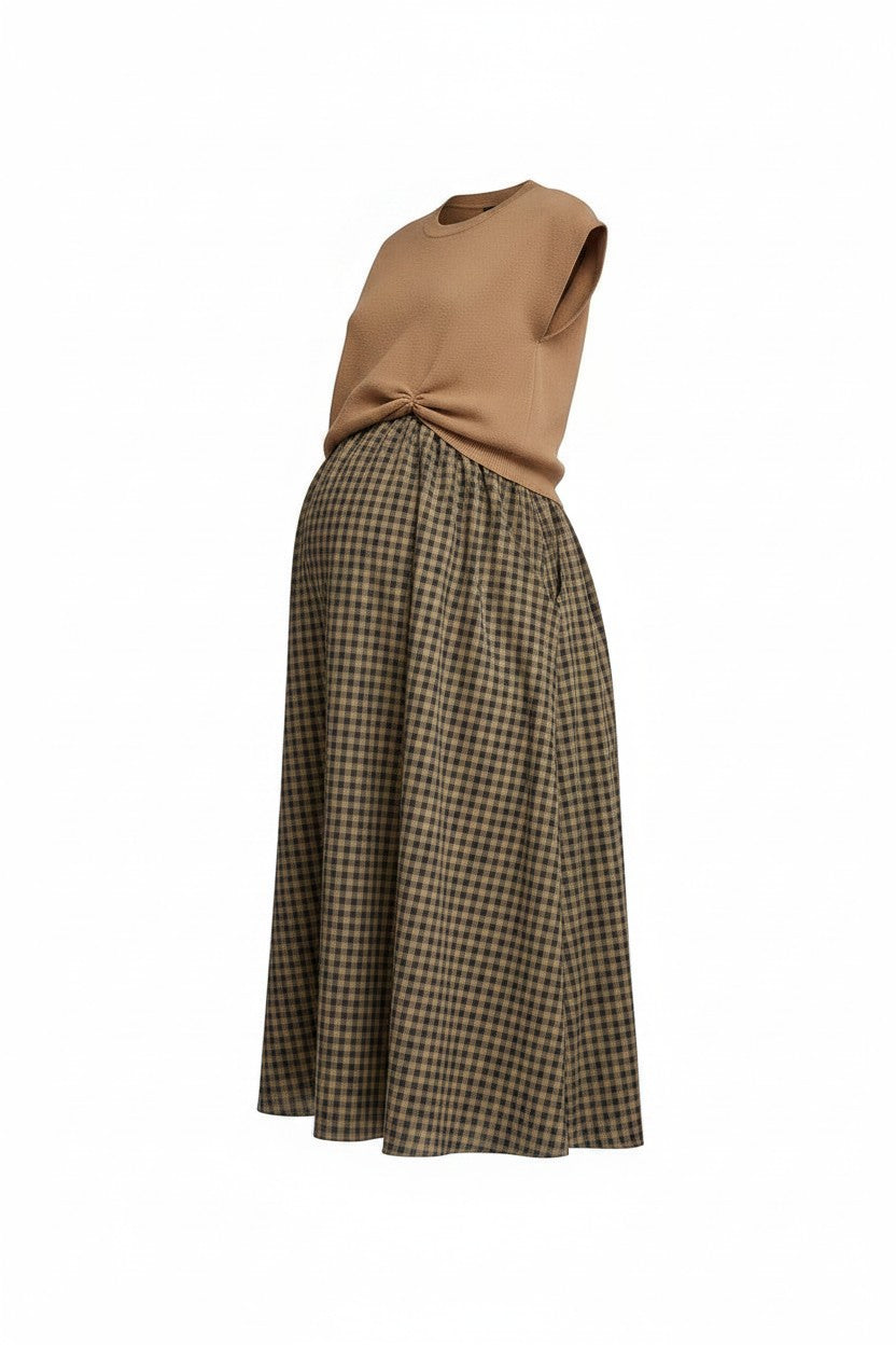 Mom & Me Boutique Gigi midi dress with a brown gingham skirt and a removable solid tan cap sleeve pullover top