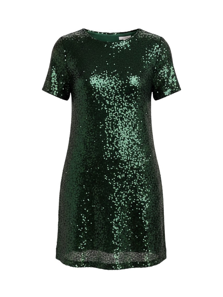 Mom & Me Boutique Gwennie shift dress in emerald green sequins with short sleeves and a round neckline.