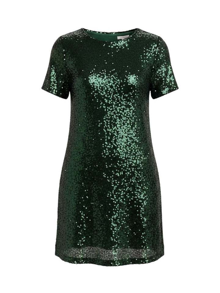Mom & Me Boutique Gwennie shift dress in emerald green sequins with short sleeves and a round neckline.