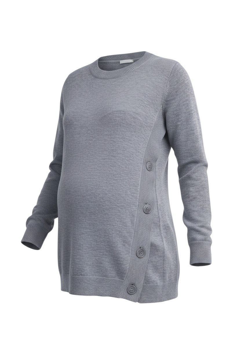 Mom & Me Boutique grey maternity nursing pullover sweater with side button detail in a soft wool blend knit.